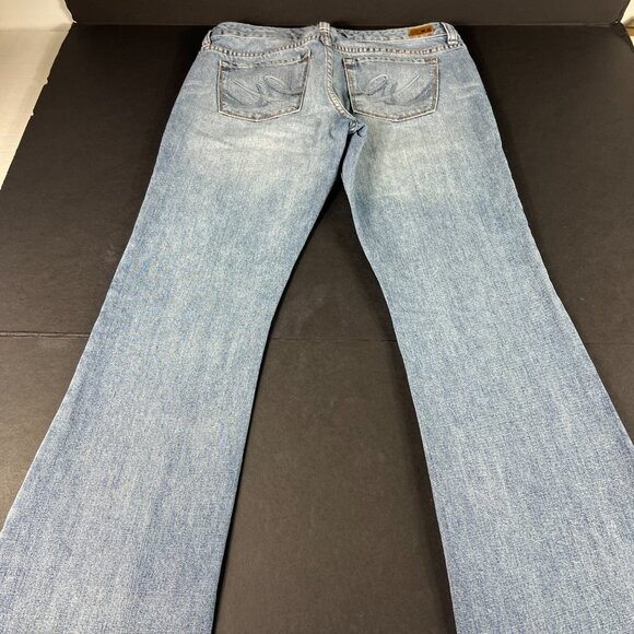 Express X2 Jeans Women's Measured 32x32 Slim Low Rise Flare Blue Denim Tag 6 L - Picture 10 of 16